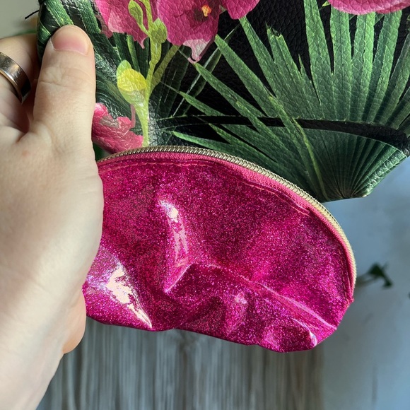 Makeup Bag Set - Pink Glitter & Floral Orchid Print Cosmetic Pouches 2 Piece Set - Picture 3 of 8